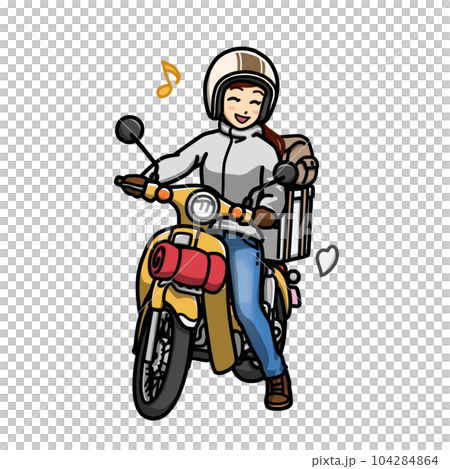 Illustration of a smiling woman straddling a small bike (camping touring) Illustration of a smiling woman straddling a small bike (camping touring) 104284864
