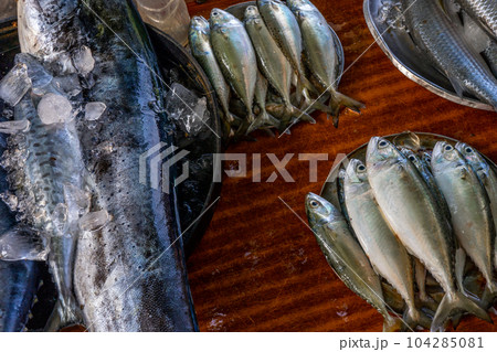 Close up view of fishes in the small market in India Close up view of fishes in the small market in India 104285081
