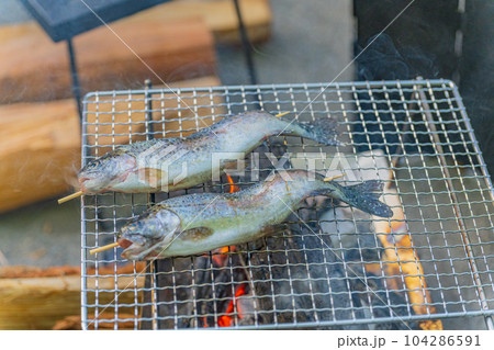 キャンプ場 ニジマス網焼き バーベキューイメージ素材 キャンプ場 ニジマス網焼き バーベキューイメージ素材 104286591