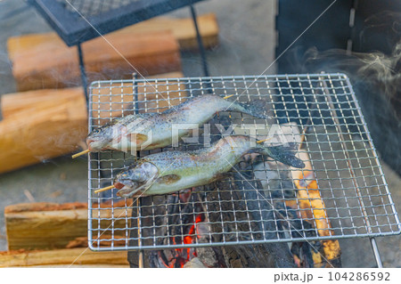 キャンプ場 ニジマス網焼き バーベキューイメージ素材 キャンプ場 ニジマス網焼き バーベキューイメージ素材 104286592