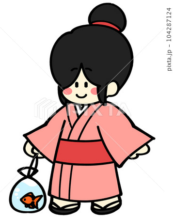 金魚を持った浴衣の女性イラスト素材 金魚を持った浴衣の女性イラスト素材 104287124
