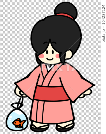 金魚を持った浴衣の女性イラスト素材 金魚を持った浴衣の女性イラスト素材 104287124
