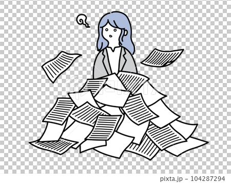 Color illustration of a young female employee who is stunned by the amount of work and documents Color illustration of a young female employee who is stunned by the amount of work and documents 104287294
