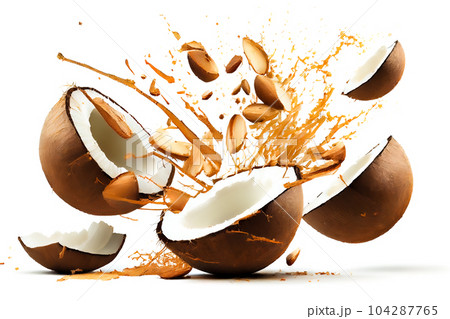Pieces of broken coconut with splashes isolated on white background. Generative AI 104287765