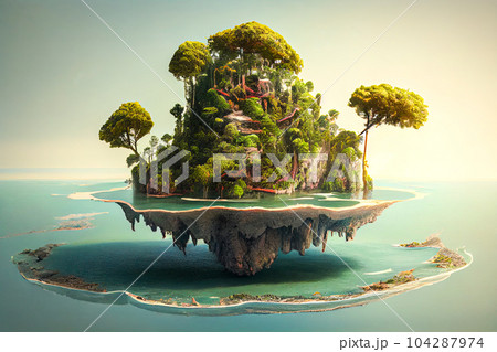 Fantasy island in the sea. Generative AI 104287974