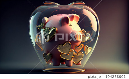 Piggy bank with hearts inside a glass vase. Generative AI 104288001