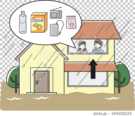 水害時に建物の二階へ避難する人と防災用品 104288228