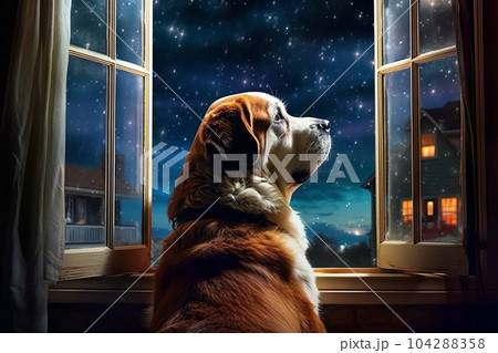 夜空を見上げる犬　AI生成画像　AI画像 104288358