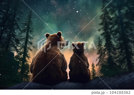 夜景を見る熊の親子　AI生成画像　AI画像 104288362