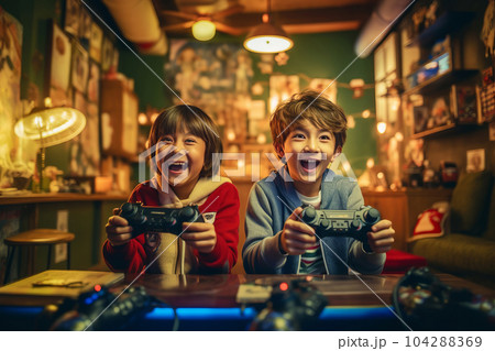 TVゲームを楽しむ子供たち　AI生成画像　AI画像 104288369