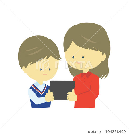 仲良くタブレットを見る姉弟 104288409