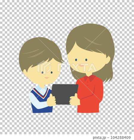 仲良くタブレットを見る姉弟 104288409