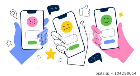 People leave positive, negative feedback, smartphone with rating scale on screen, good, bad and excellent rate, vector illustrations People leave positive, negative feedback, smartphone with rating scale on screen, good, bad and excellent rate, vector illustrations 104288654