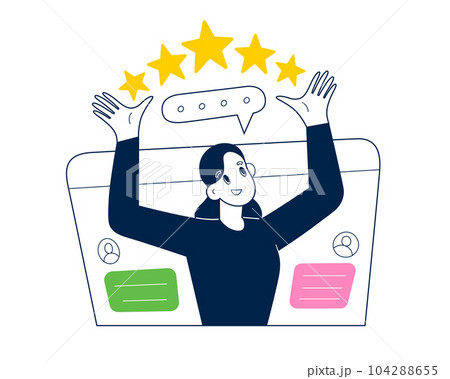 Customer leaves a good review, female client leaves positive feedback, give 5 stars rating on social media, flat vector illustration Customer leaves a good review, female client leaves positive feedback, give 5 stars rating on social media, flat vector illustration 104288655