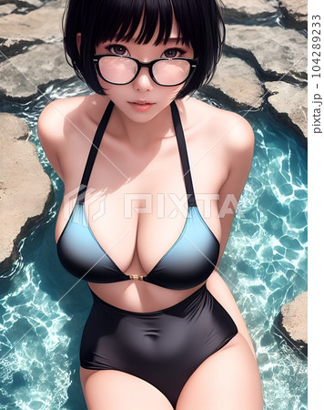 海で黒い水着を着たメガネ美少女 104289233