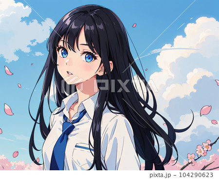 女子高生、青空の下桜と共に アニメ風「AI作成画像」のイラスト素材