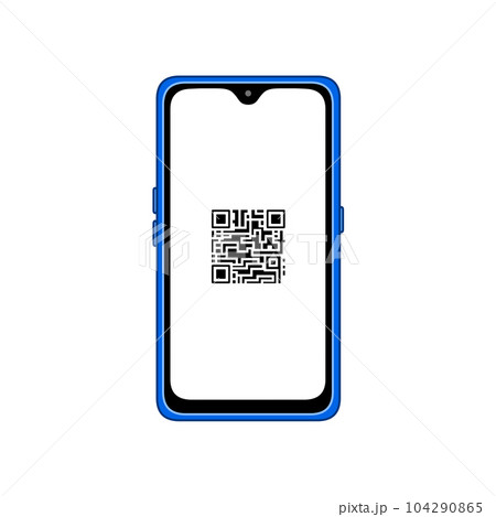 二次元バーコード（QR）が表示された、正面から見た青色のスマートフォン 104290865