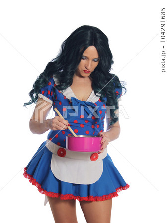 Woman Wearing Retro Blue and Red Dress Isolated on White Background 104291685