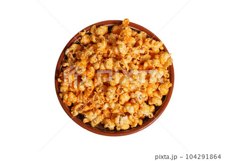 Bowl of Spicy Cheese Popcorn in Bowl on White Background Bowl of Spicy Cheese Popcorn in Bowl on White Background 104291864