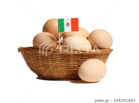 Basket of Farm Fresh Eggs Isolated on White Background 104291865