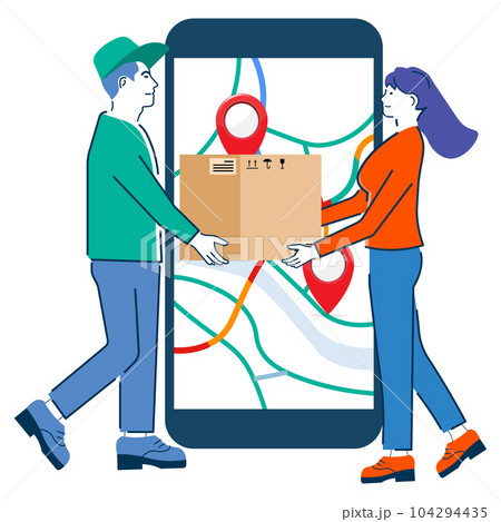 Young woman receiving a product box from a delivery man while a smartphone's map app is in the background. Vector illustration isolated on white background. eps10 Young woman receiving a product box from a delivery man while a smartphone's map app is in the background. Vector illustration isolated on white background. eps10 104294435