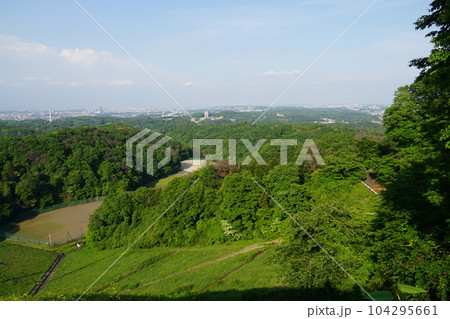 城山湖から見た新緑の城山湖野球場 104295661