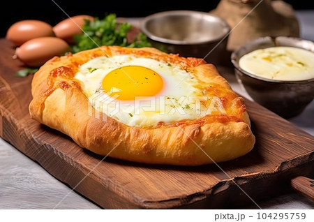 Dough pastry, khachapuri, Georgian cuisine. Generative AI. 104295759