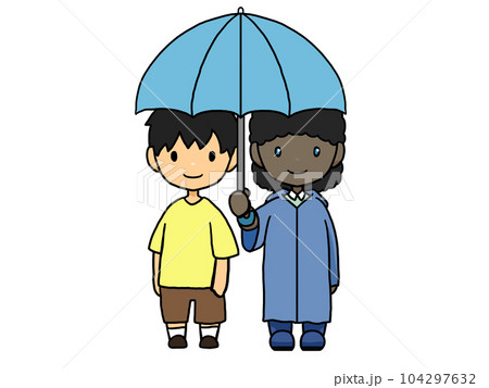 相相傘をする黒人女性と日本人男性のイラスト（正面向き） 104297632