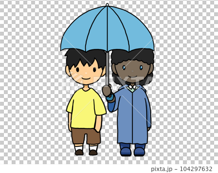 相相傘をする黒人女性と日本人男性のイラスト（正面向き） 104297632