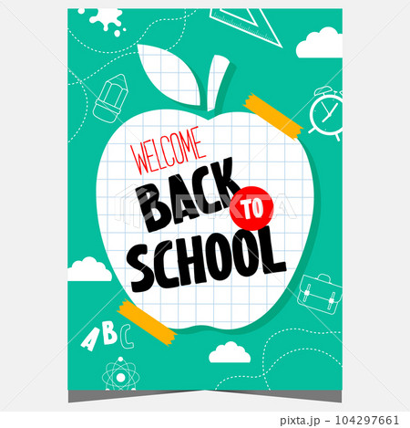 Back to school vector illustration with checkered exercise book in the form of apple and school supplies on the background. Welcome back to school banner or poster for the start of the school year. 104297661