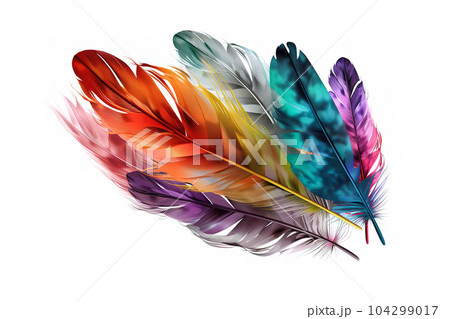 Image of colorful feathers on white background. Bird. Wildlife Animals. Illustration. Generative AI. Image of colorful feathers on white background. Bird. Wildlife Animals. Illustration. Generative AI. 104299017