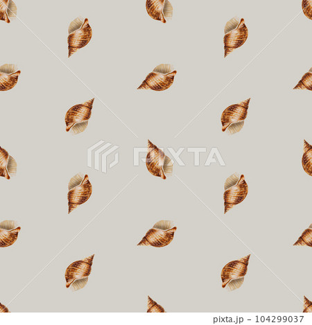 Watercolor seamless pattern with shells. Hand painting clipart underwater life objects on a white isolated background. For designers, decoration, postcards, wrapping paper, scrapbooking, covers, 104299037