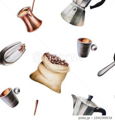 Watercolor seamless pattern with coffee making tools. Latte, espresso, americano. Hand painting on isolated background. For designers, menu, shop, bar, bistro, restaurant, for postcards, wrapping 104299038