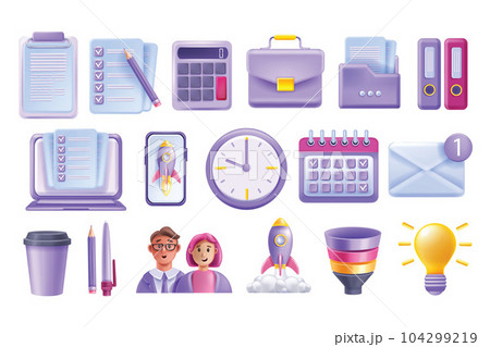 3D business work icon set, office vector stationery kit, management calendar, laptop screen document 3D business work icon set, office vector stationery kit, management calendar, laptop screen document 104299219