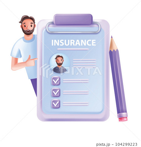 3D insurance icon, man agent medical travel life policy, clipboard check mark hospital document.  104299223