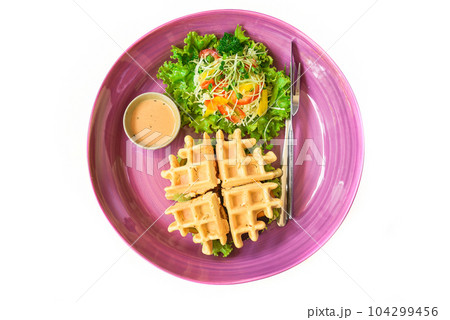 Belgian waffles Char siu pork with salad close up Belgian waffles Char siu pork with salad close up 104299456