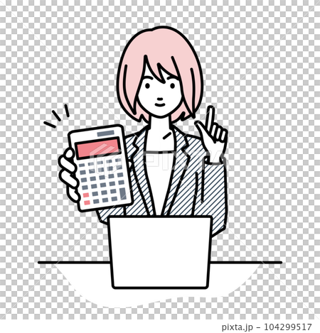 座ってデスクでノートPCを開いて電卓を持ってこちらに向けて見せているスーツの女性 座ってデスクでノートPCを開いて電卓を持ってこちらに向けて見せているスーツの女性 104299517