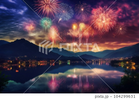 夕焼け空と打ち上げ花火　AI生成画像　AI画像 104299631