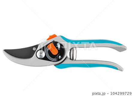 Garden secateurs. Pruning shears for cutting branches isolated on white background. Garden secateurs. Pruning shears for cutting branches isolated on white background. 104299729