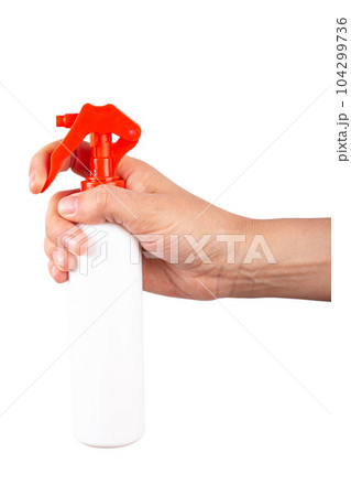 Woman holding bottle of cleaning product on isolated white background. Cleaning concept. Woman holding bottle of cleaning product on isolated white background. Cleaning concept. 104299736