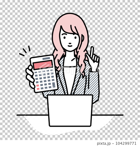 A woman in a suit sitting at her desk, opening her laptop, holding a calculator, and showing it to me 104299771