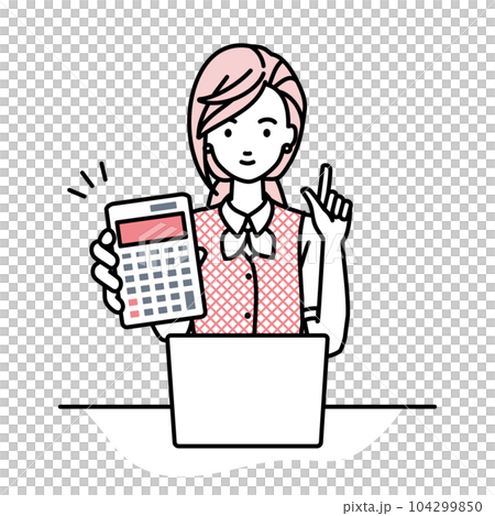 座ってデスクでノートPCを開いて電卓を持ってこちらに向けて見せている事務員制服の女性 104299850