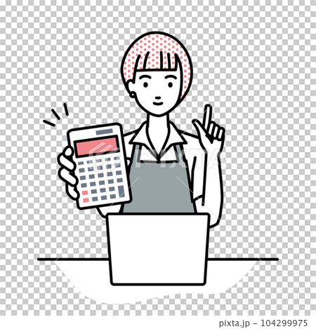 座ってデスクでノートPCを開いて電卓を持ってこちらに向けて見せているエプロンをした店員の女性 104299975