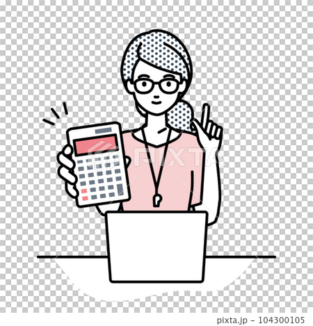 座ってデスクでノートPCを開いて電卓を持ってこちらに向けて見せている教師の女性 座ってデスクでノートPCを開いて電卓を持ってこちらに向けて見せている教師の女性 104300105