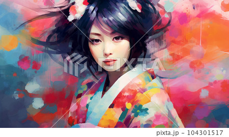 Portrait painting of a Japanese model in kimono, for advertising, beauty salons and massage studios Portrait painting of a Japanese model in kimono, for advertising, beauty salons and massage studios 104301517