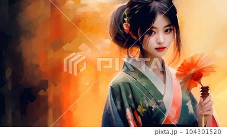 Portrait painting of a Japanese model in kimono, for advertising, beauty salons and massage studios 104301520