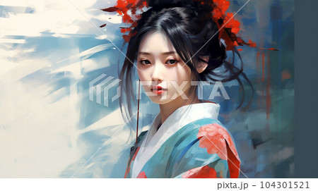 Portrait painting of a Japanese model in kimono, for advertising, beauty salons and massage studios Portrait painting of a Japanese model in kimono, for advertising, beauty salons and massage studios 104301521