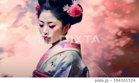Portrait painting of a Japanese model in kimono, for advertising, beauty salons and massage studios 104301524
