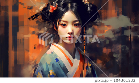 Portrait painting of a Japanese model in kimono, for advertising, beauty salons and massage studios Portrait painting of a Japanese model in kimono, for advertising, beauty salons and massage studios 104301532