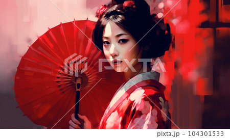 Portrait painting of a Japanese model in kimono, for advertising, beauty salons and massage studios 104301533